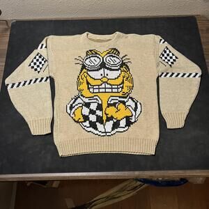 Garfield Vintage Sweater Drag Race Street Demon Checkered Flag 70s Cat Cowichan